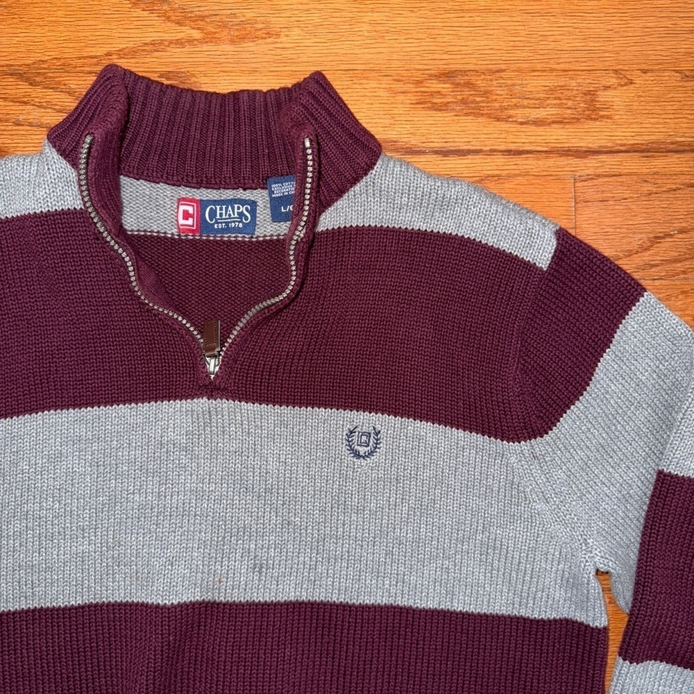 Vintage 90s Y2K Chaps by Ralph Lauren Gray Burgundy Striped Knit Sweater Large - Picture 2 of 4